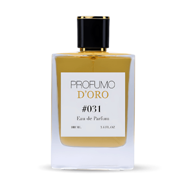 Profumo D’oro #031 – eleganter Herrenflakon, Hauptansicht des ledrig-holzigen Eau de Parfum